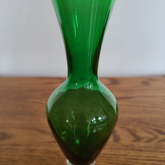 Vintage Hand Blown Glass Art Green Glass Vase With Clear Glass Twist Footed Base - Picture 7 of 12